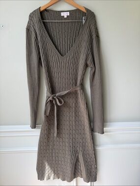 Pink Lily Cable Knit V-Neck Belted Sweater Dress Olive Green Sz L